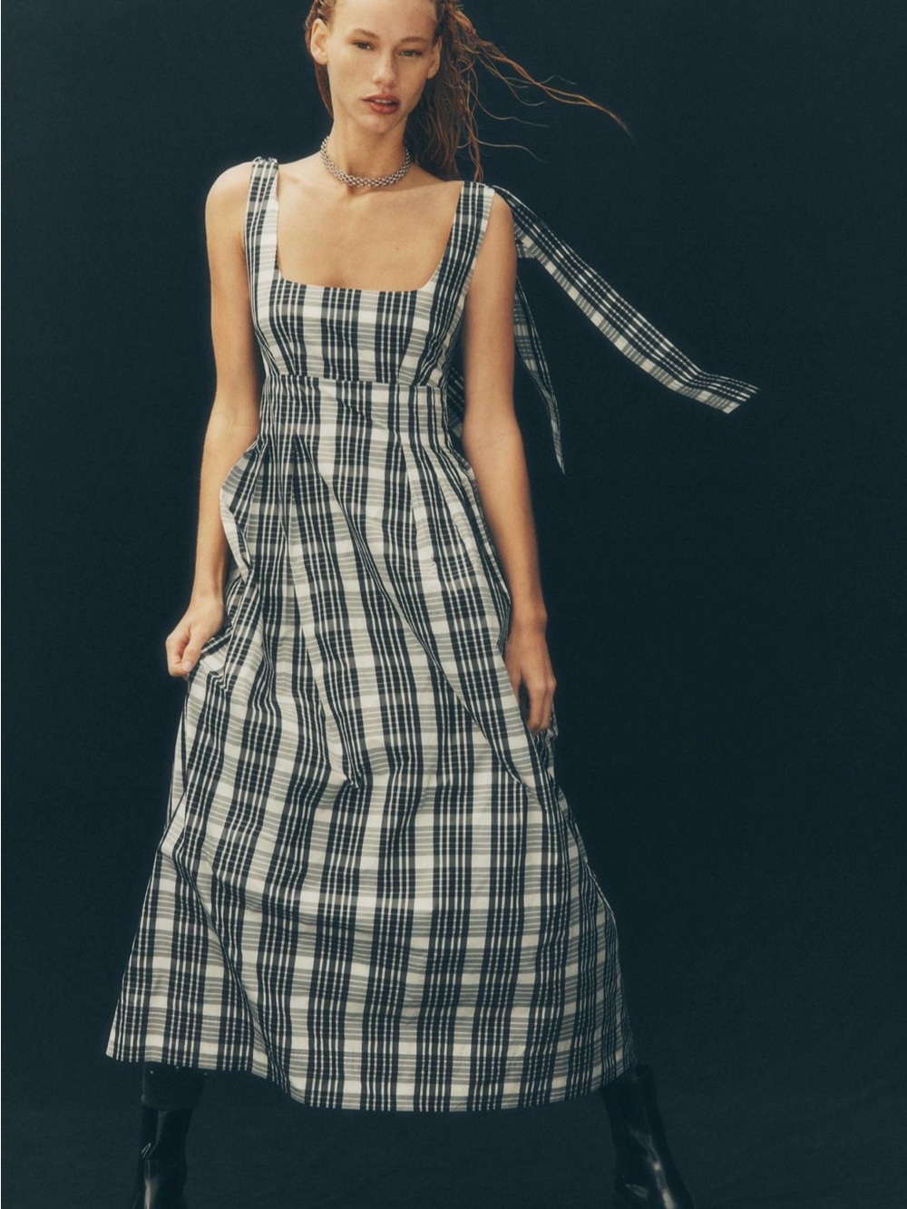Maeve Plaid Square-Neck Maxi Dress in Black & White. NWT